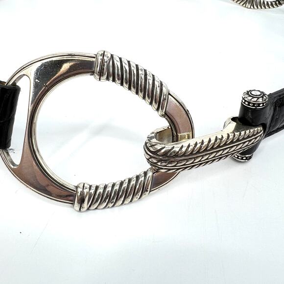 Brighton Black Reptile Embossed Leather and Silver Concho and Clasp Belt Size 36 - Picture 2 of 6